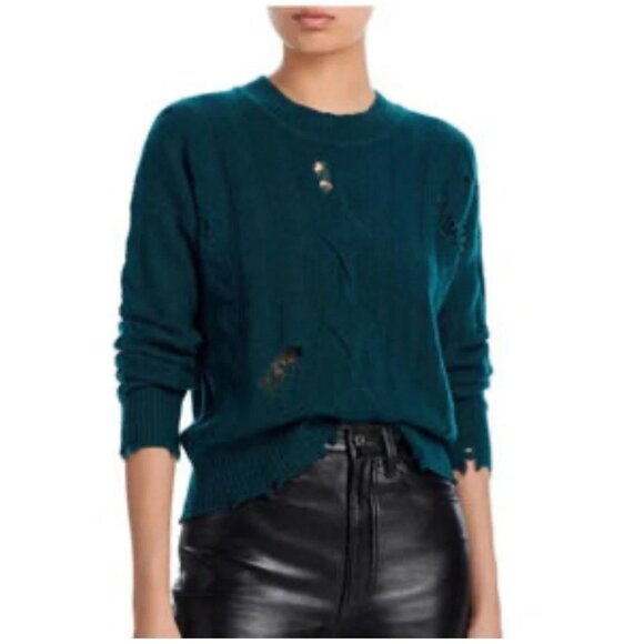 AQUA CASHMERE Distressed Cable Crewneck Cashmere Sweater Forest Size XL NWT - Picture 1 of 6